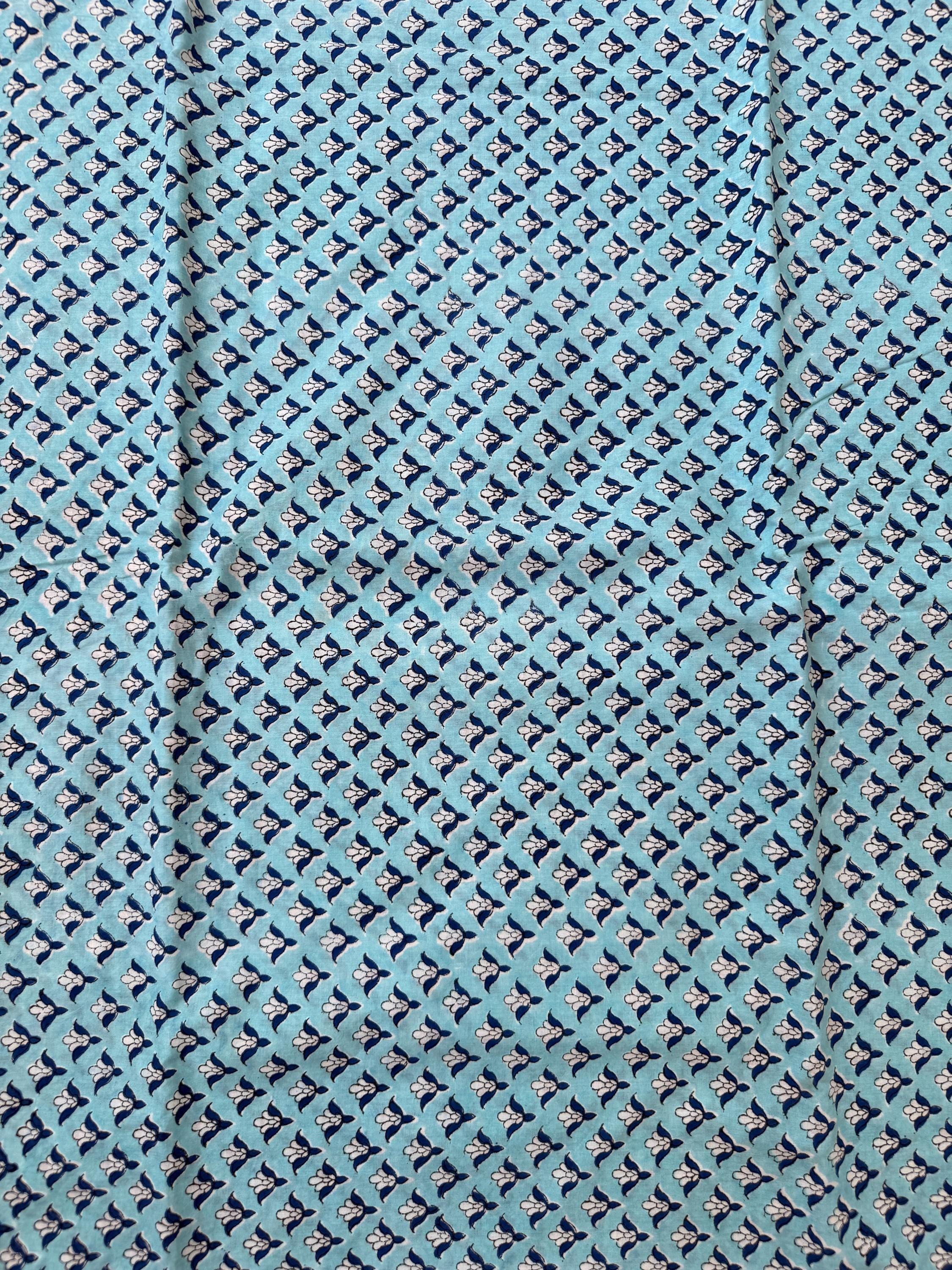Blue Floral Hand Block Print Cotton Fabric by Yard, Indian Blockprint Fabric, Soft Cotton Sewing Fabric, Quilting Fabric, Craft Fabric,