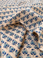 Beige Blue Floral Hand Block Print Cotton Fabric by Yard, Indian Block Print Fabric, Small Floral Cotton Fabric for Quilting, Sewing