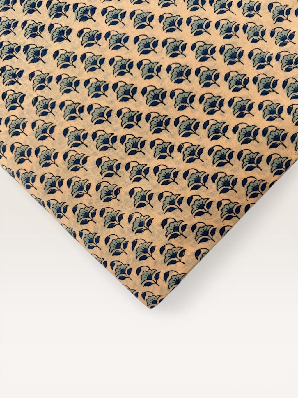 Beige Blue Floral Hand Block Print Cotton Fabric by Yard, Indian Block Print Fabric, Small Floral Cotton Fabric for Quilting, Sewing