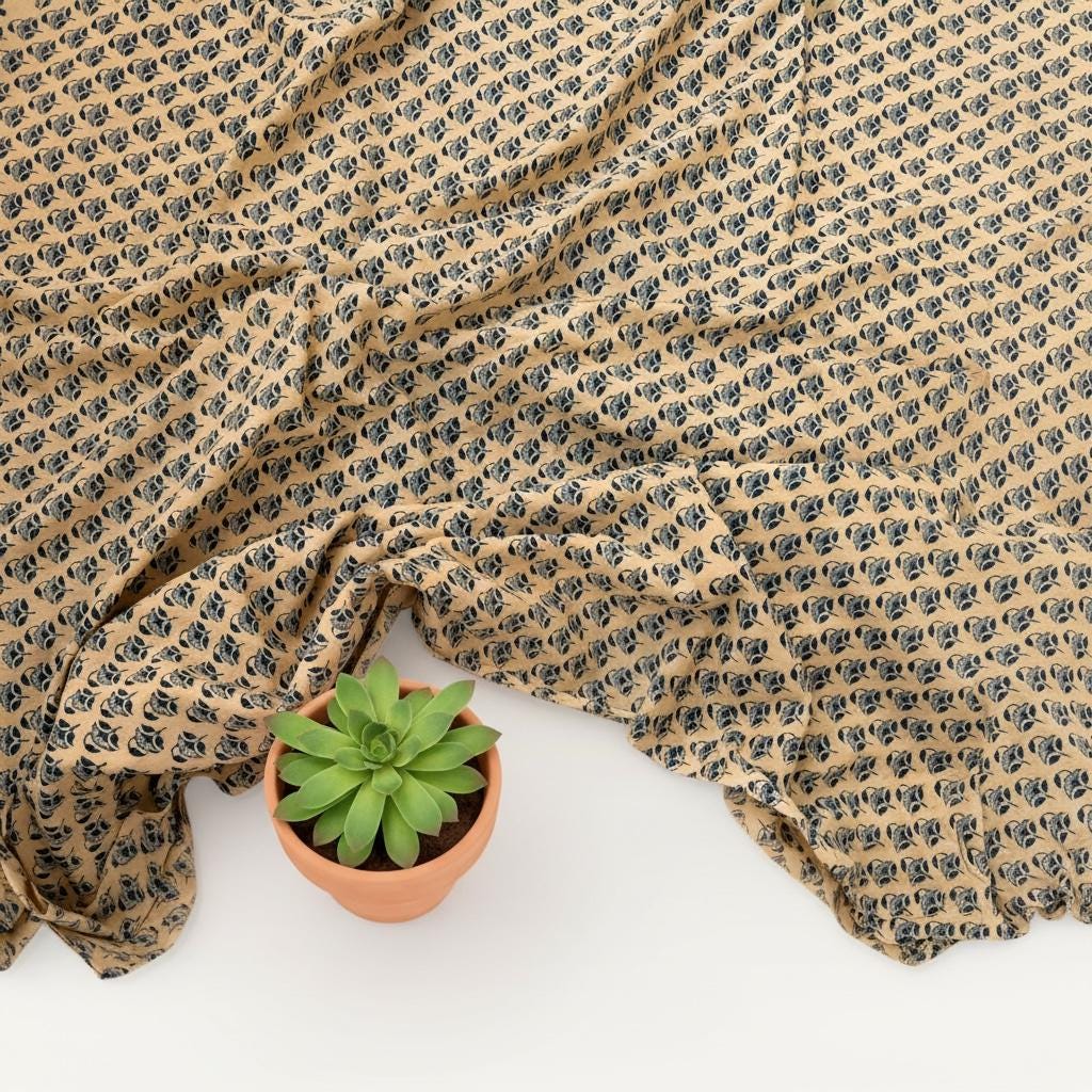 Beige Blue Floral Hand Block Print Cotton Fabric by Yard, Indian Block Print Fabric, Small Floral Cotton Fabric for Quilting, Sewing