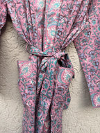 Pink Floral Block Print Cotton Bathrobe | Handmade Indian Robe | Lightweight Kimono Robe | Bridal Getting Ready Robe | Summer Loungewear