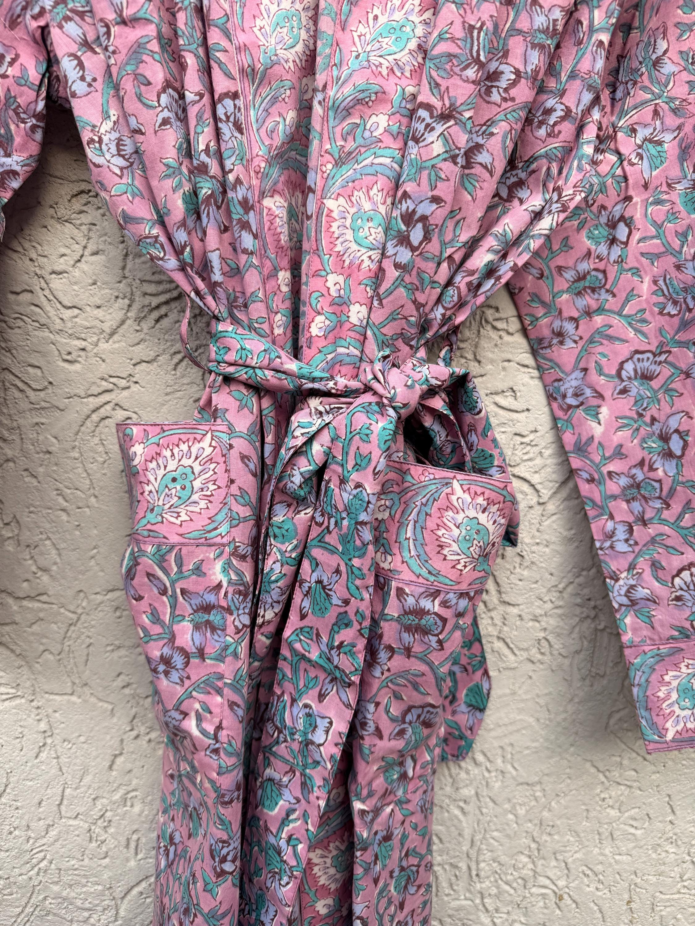 Pink Floral Block Print Cotton Bathrobe | Handmade Indian Robe | Lightweight Kimono Robe | Bridal Getting Ready Robe | Summer Loungewear