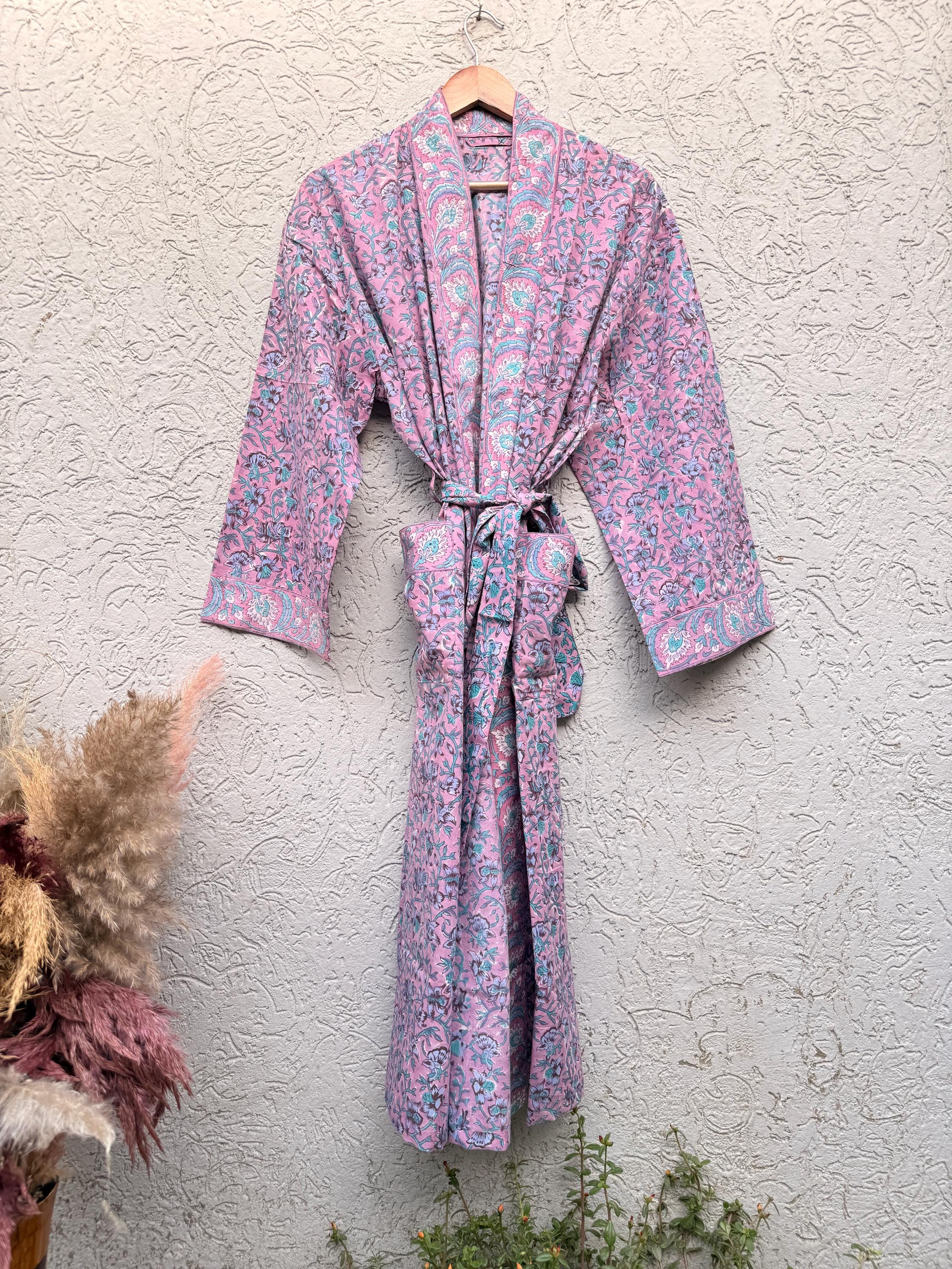 Pink Floral Block Print Cotton Bathrobe | Handmade Indian Robe | Lightweight Kimono Robe | Bridal Getting Ready Robe | Summer Loungewear
