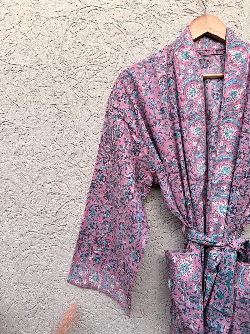 Pink Floral Block Print Cotton Bathrobe | Handmade Indian Robe | Lightweight Kimono Robe | Bridal Getting Ready Robe | Summer Loungewear