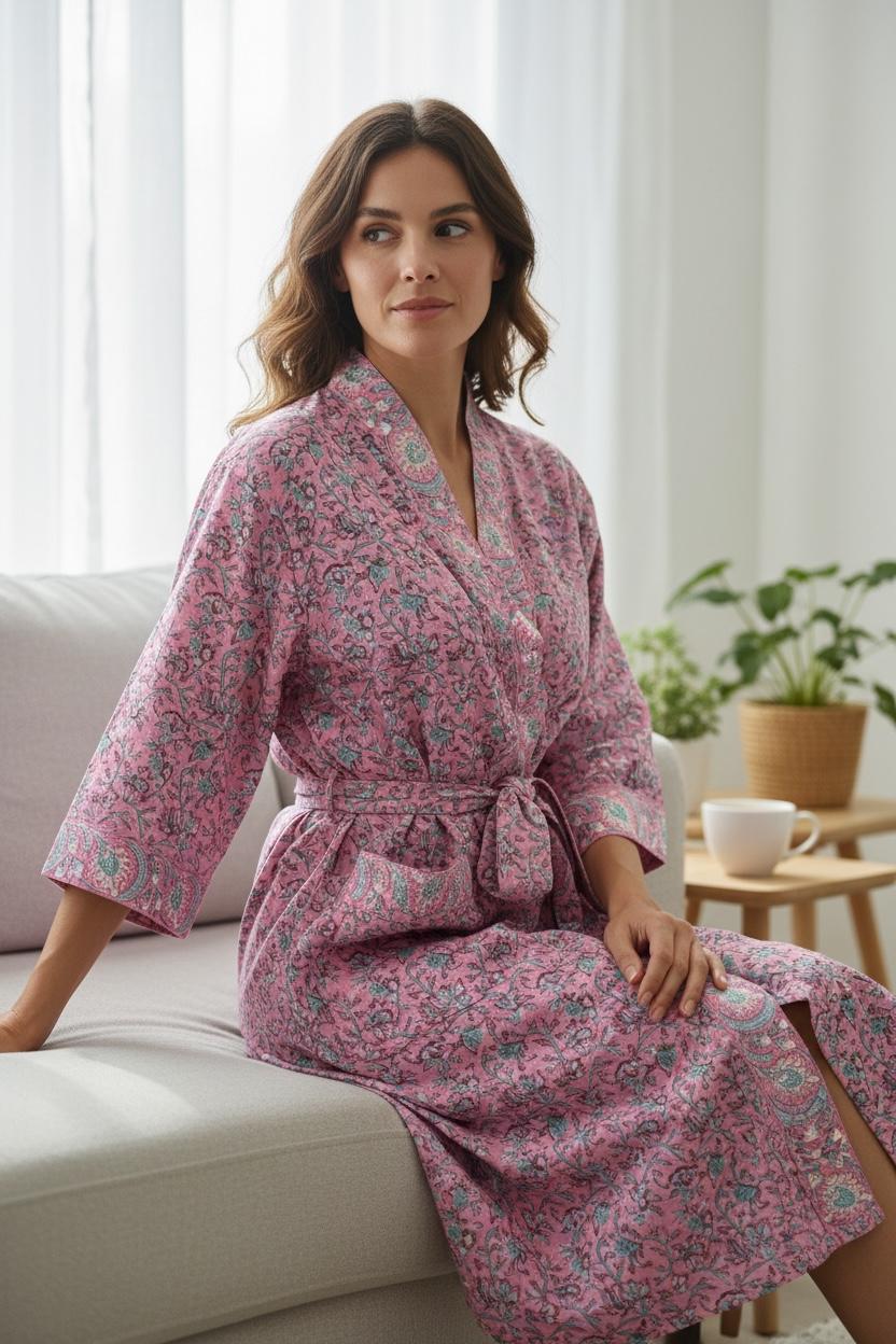 Pink Floral Block Print Cotton Bathrobe | Handmade Indian Robe | Lightweight Kimono Robe | Bridal Getting Ready Robe | Summer Loungewear