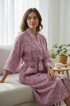 Pink Floral Block Print Cotton Bathrobe | Handmade Indian Robe | Lightweight Kimono Robe | Bridal Getting Ready Robe | Summer Loungewear