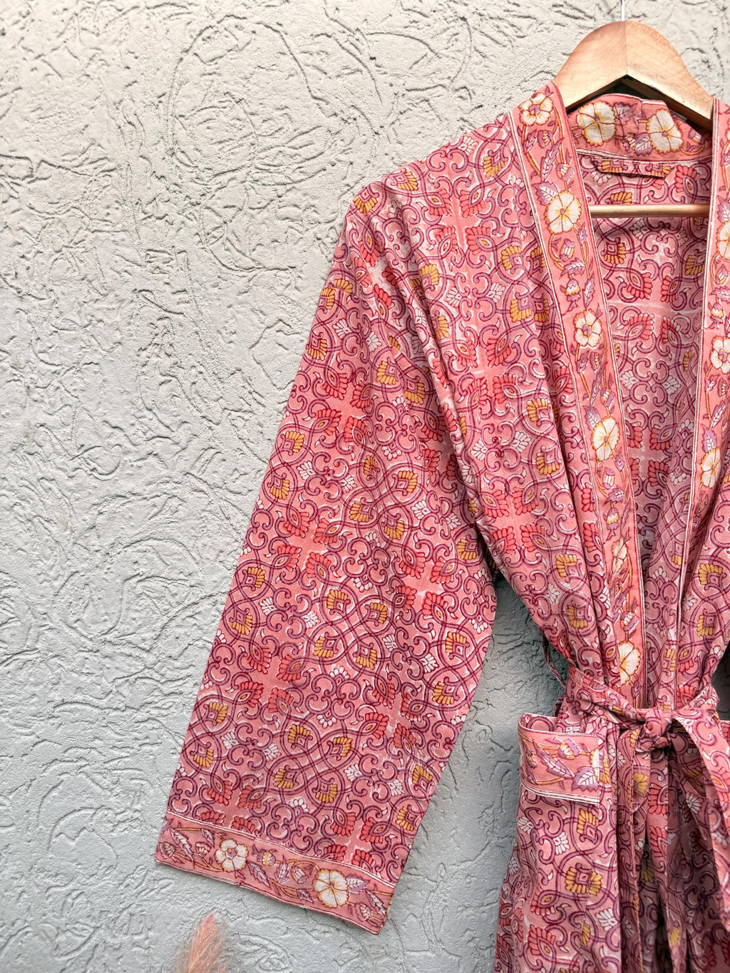 Coral Pink Block Print Cotton Bathrobe | Handmade Floral Kimono Robe | Lightweight Summer Robe | Bridal Getting Ready Outfit | Gift for Her