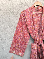 Coral Pink Block Print Cotton Bathrobe | Handmade Floral Kimono Robe | Lightweight Summer Robe | Bridal Getting Ready Outfit | Gift for Her