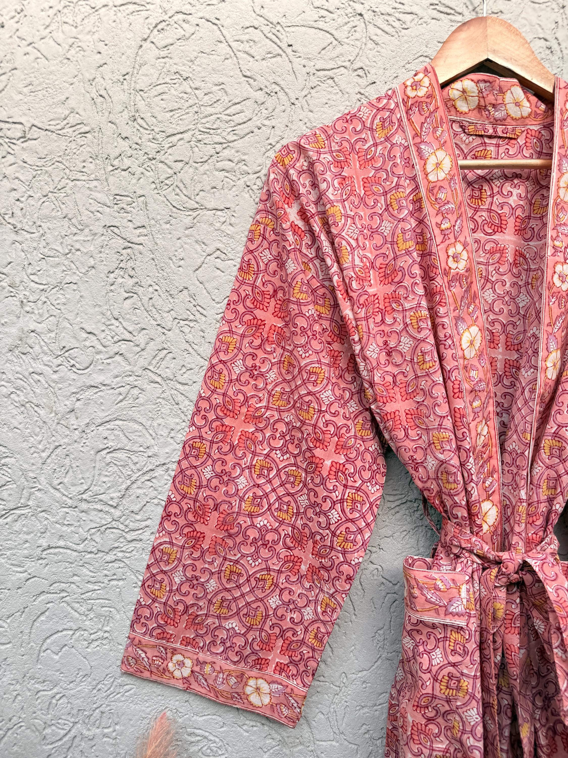 Coral Pink Block Print Cotton Bathrobe | Handmade Floral Kimono Robe | Lightweight Summer Robe | Bridal Getting Ready Outfit | Gift for Her