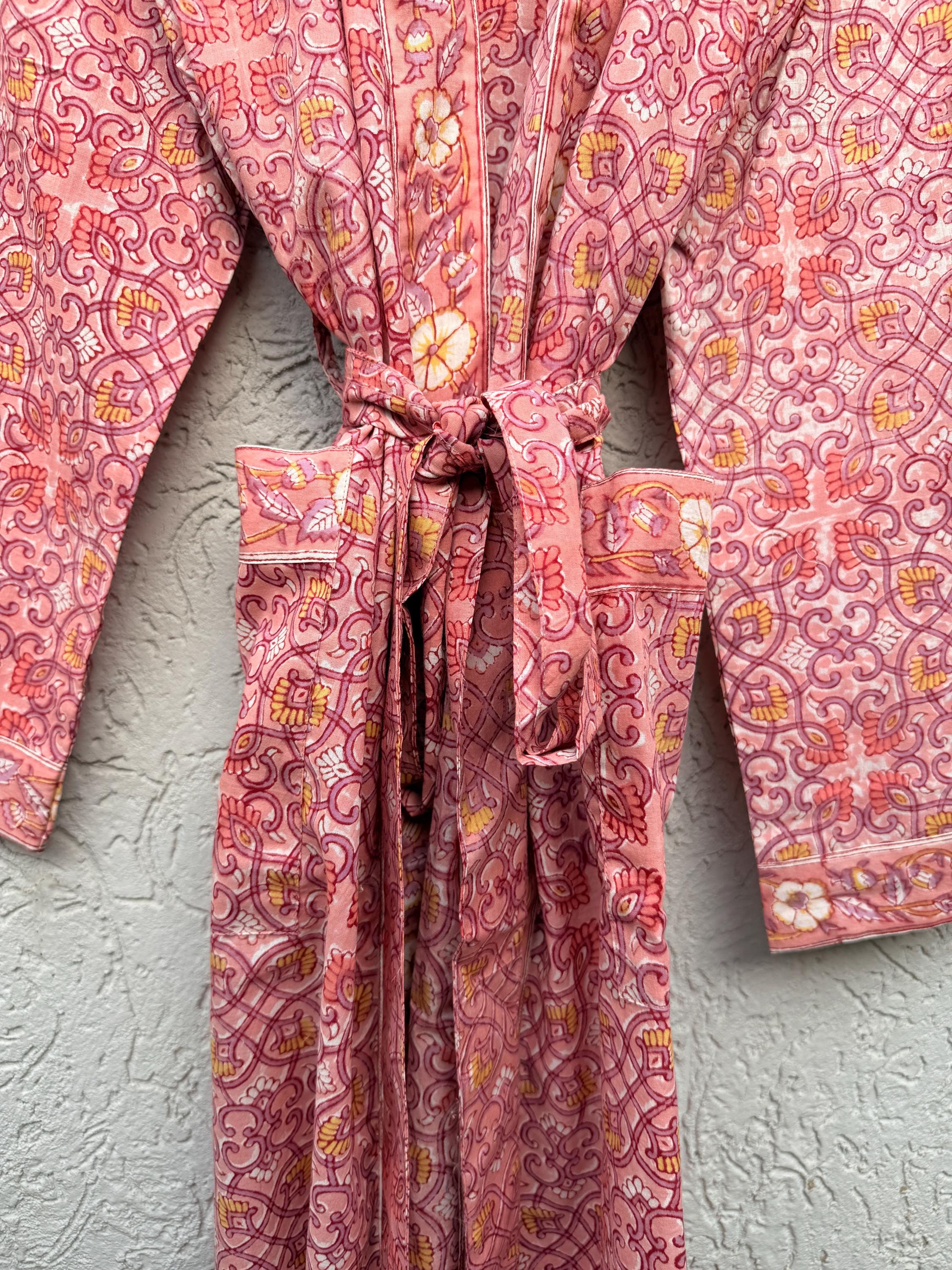Coral Pink Block Print Cotton Bathrobe | Handmade Floral Kimono Robe | Lightweight Summer Robe | Bridal Getting Ready Outfit | Gift for Her