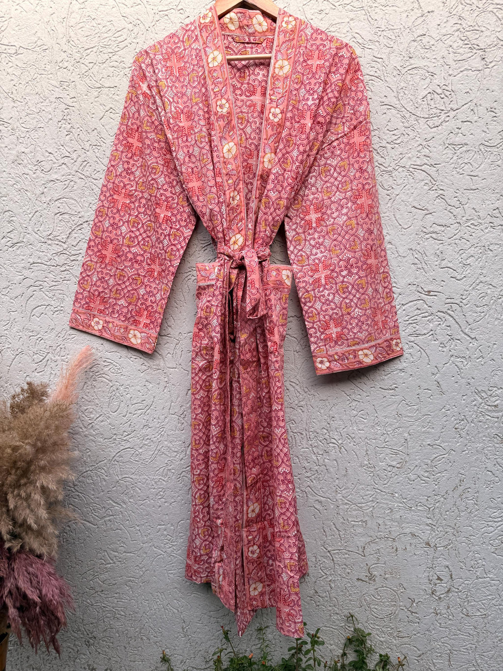 Coral Pink Block Print Cotton Bathrobe | Handmade Floral Kimono Robe | Lightweight Summer Robe | Bridal Getting Ready Outfit | Gift for Her