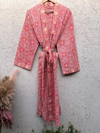 Coral Pink Block Print Cotton Bathrobe | Handmade Floral Kimono Robe | Lightweight Summer Robe | Bridal Getting Ready Outfit | Gift for Her