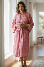 Coral Pink Block Print Cotton Bathrobe | Handmade Floral Kimono Robe | Lightweight Summer Robe | Bridal Getting Ready Outfit | Gift for Her