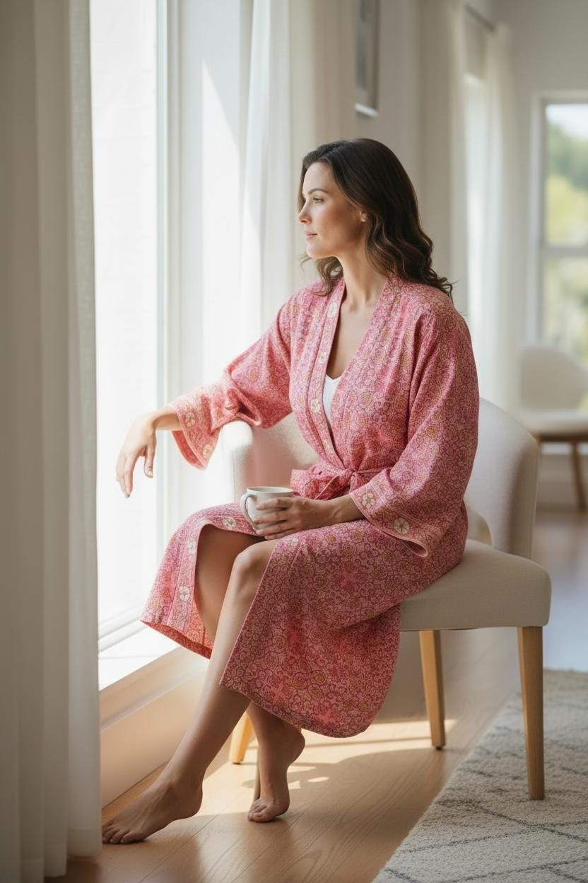 Coral Pink Block Print Cotton Bathrobe | Handmade Floral Kimono Robe | Lightweight Summer Robe | Bridal Getting Ready Outfit | Gift for Her
