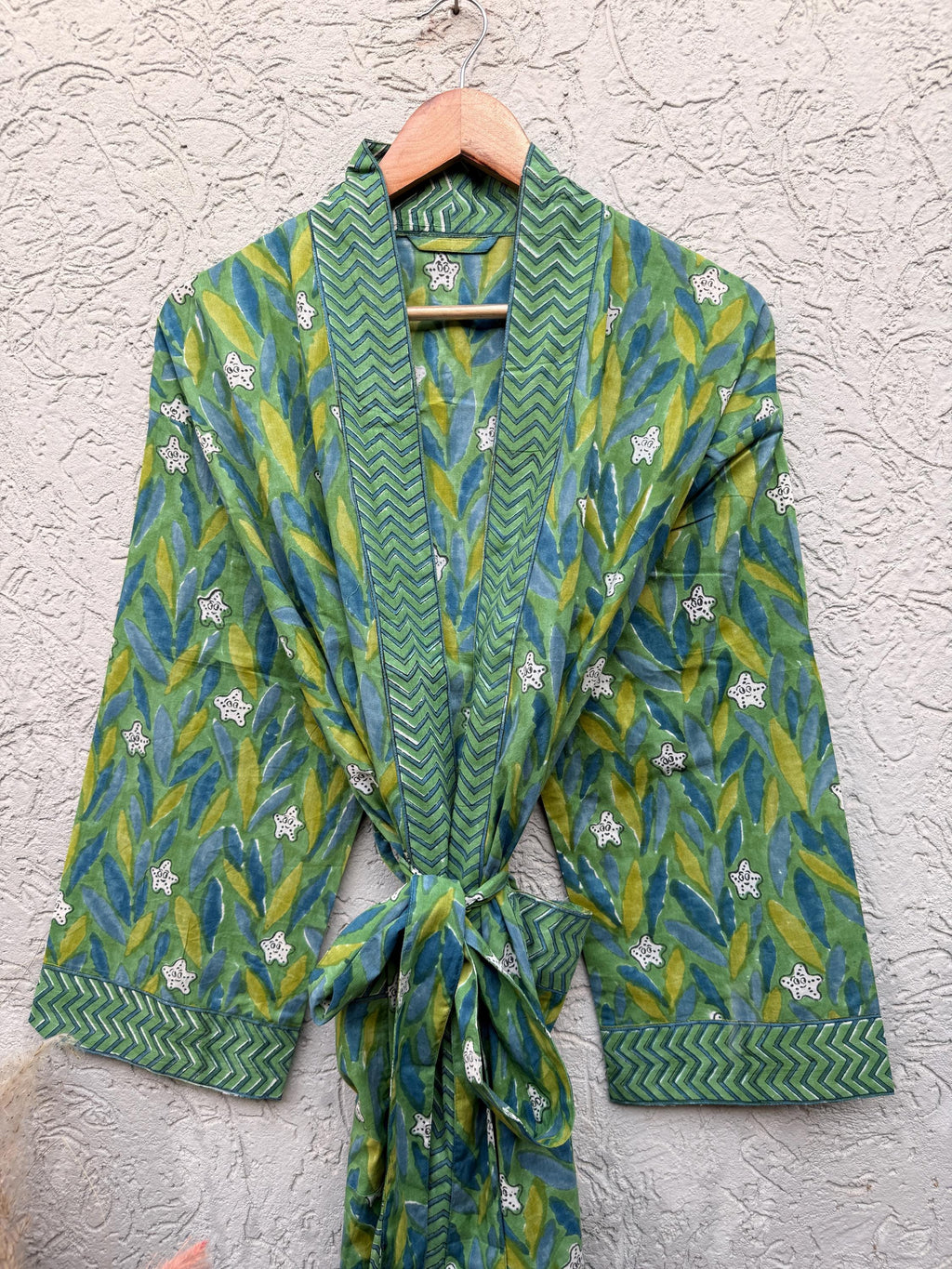 Green Block Print Cotton Bathrobe | Handmade Kimono Robe | Lightweight Floral Lounge Robe | Summer Robe for Women | Spa Robe Gift