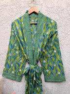 Green Block Print Cotton Bathrobe | Handmade Kimono Robe | Lightweight Floral Lounge Robe | Summer Robe for Women | Spa Robe Gift