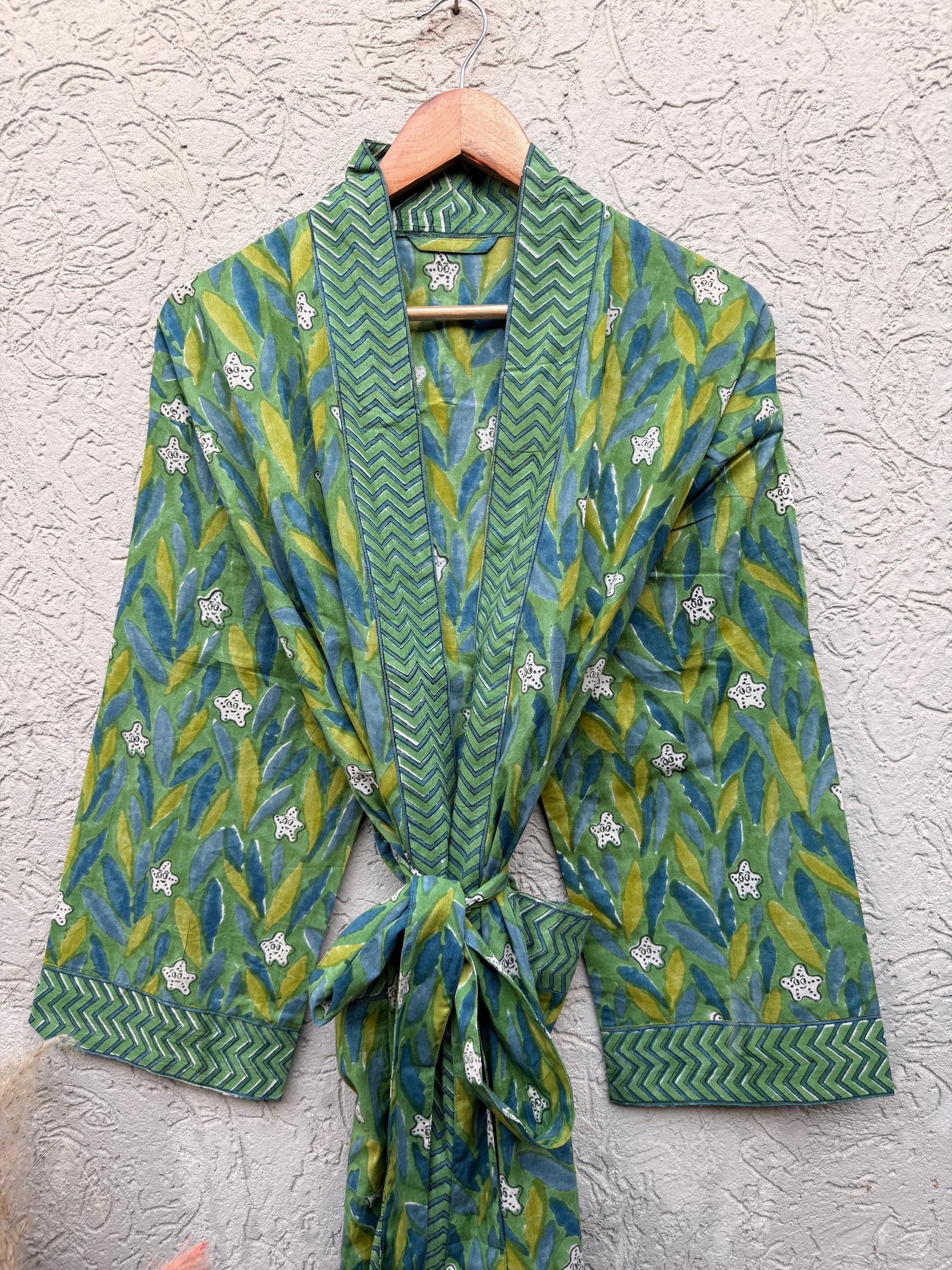 Green Block Print Cotton Bathrobe | Handmade Kimono Robe | Lightweight Floral Lounge Robe | Summer Robe for Women | Spa Robe Gift