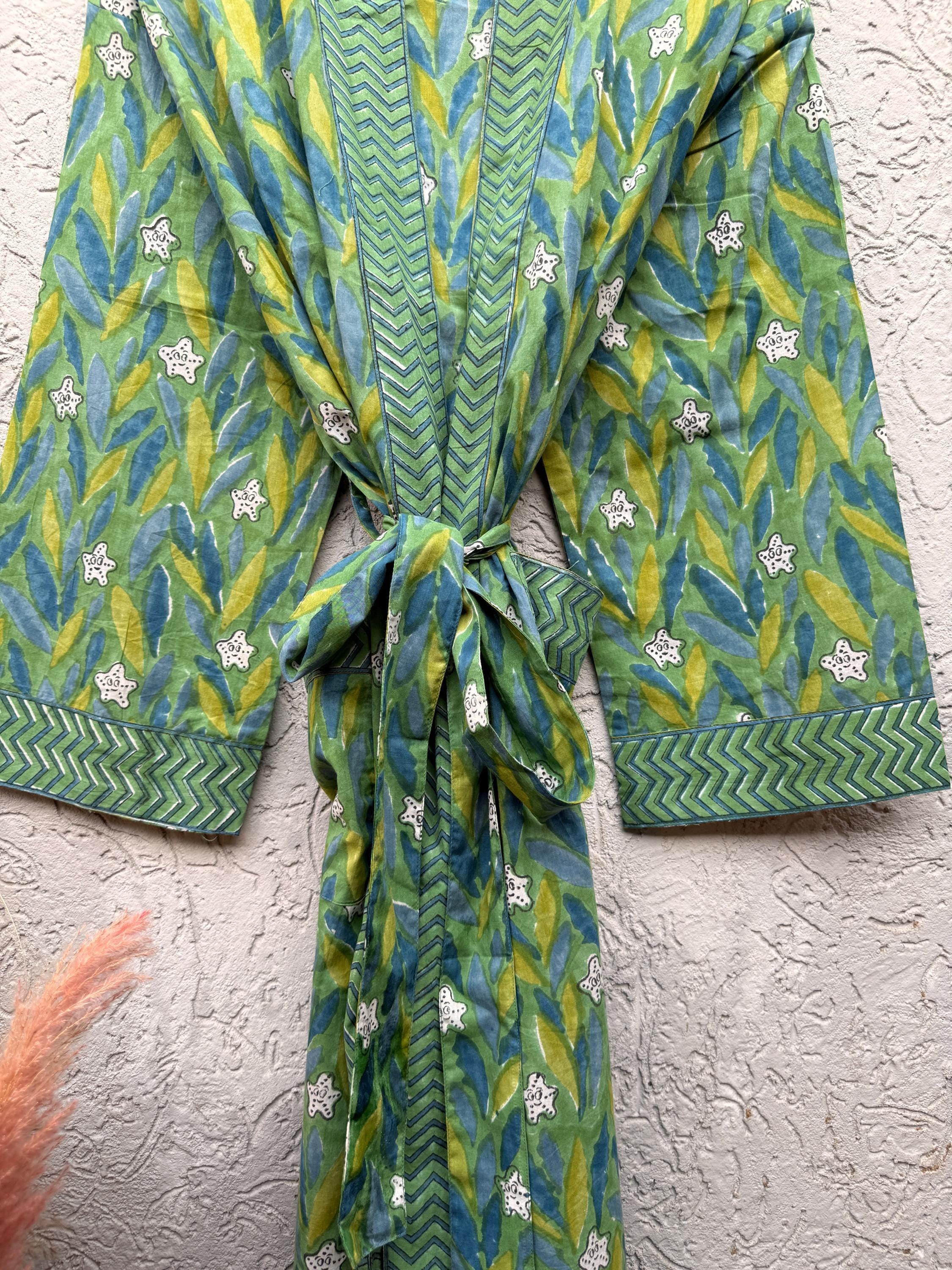 Green Block Print Cotton Bathrobe | Handmade Kimono Robe | Lightweight Floral Lounge Robe | Summer Robe for Women | Spa Robe Gift