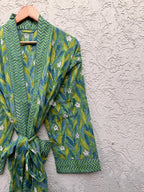 Green Block Print Cotton Bathrobe | Handmade Kimono Robe | Lightweight Floral Lounge Robe | Summer Robe for Women | Spa Robe Gift