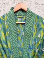 Green Block Print Cotton Bathrobe | Handmade Kimono Robe | Lightweight Floral Lounge Robe | Summer Robe for Women | Spa Robe Gift