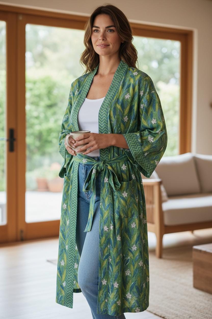 Green Block Print Cotton Bathrobe | Handmade Kimono Robe | Lightweight Floral Lounge Robe | Summer Robe for Women | Spa Robe Gift