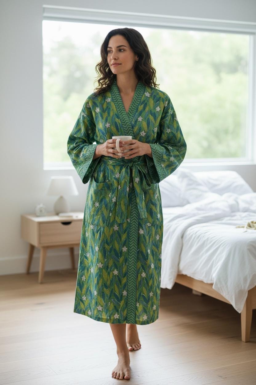 Green Block Print Cotton Bathrobe | Handmade Kimono Robe | Lightweight Floral Lounge Robe | Summer Robe for Women | Spa Robe Gift