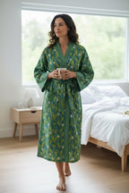 Green Block Print Cotton Bathrobe | Handmade Kimono Robe | Lightweight Floral Lounge Robe | Summer Robe for Women | Spa Robe Gift
