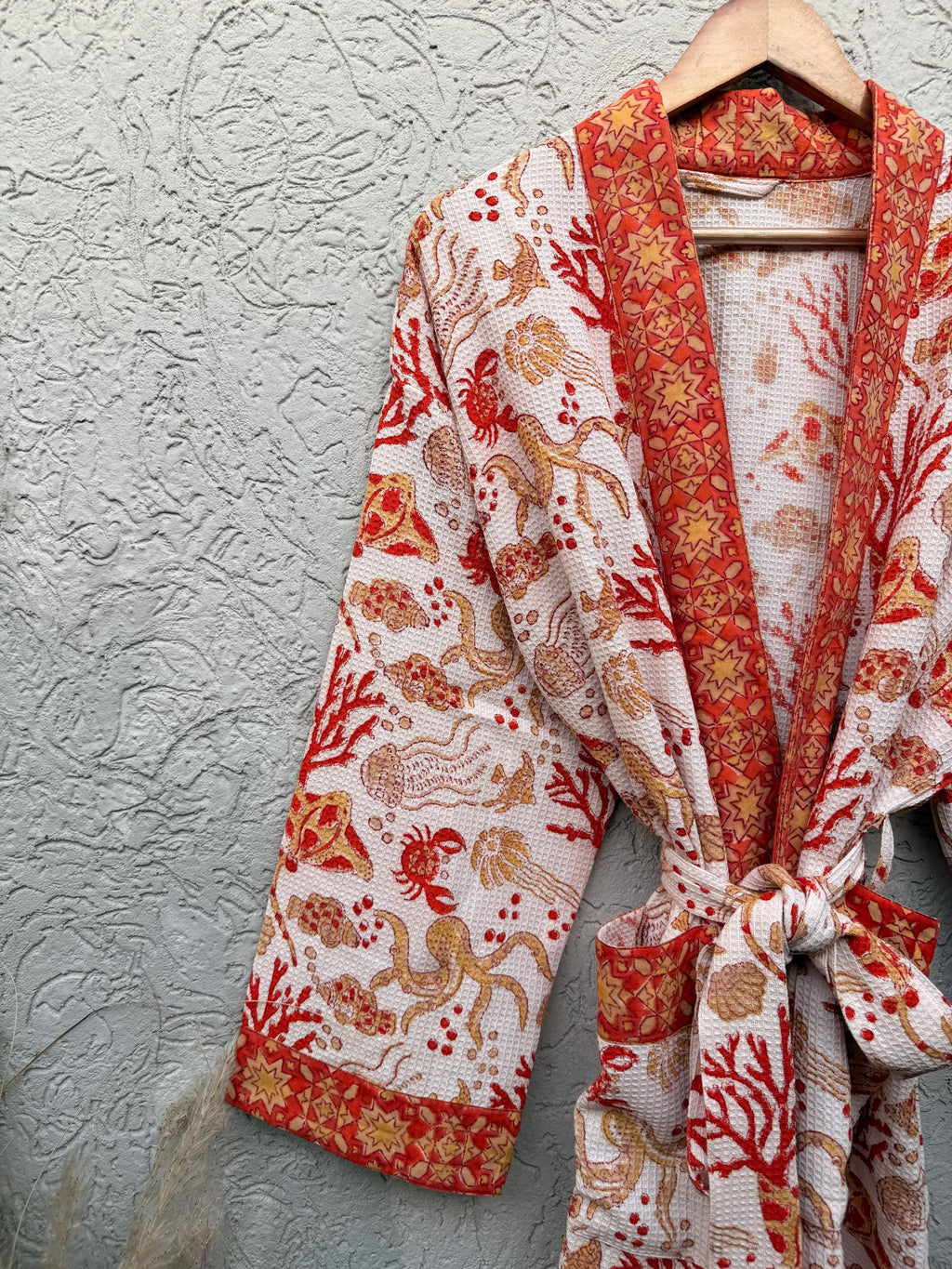 Coral Sea Block Print Cotton waffle Bathrobe | Handmade Kimono Robe | Lightweight Waffle Cotton Robe | Beach Spa Robe | Coastal Gift for Her