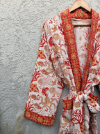 Coral Sea Block Print Cotton waffle Bathrobe | Handmade Kimono Robe | Lightweight Waffle Cotton Robe | Beach Spa Robe | Coastal Gift for Her