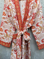 Coral Sea Block Print Cotton waffle Bathrobe | Handmade Kimono Robe | Lightweight Waffle Cotton Robe | Beach Spa Robe | Coastal Gift for Her
