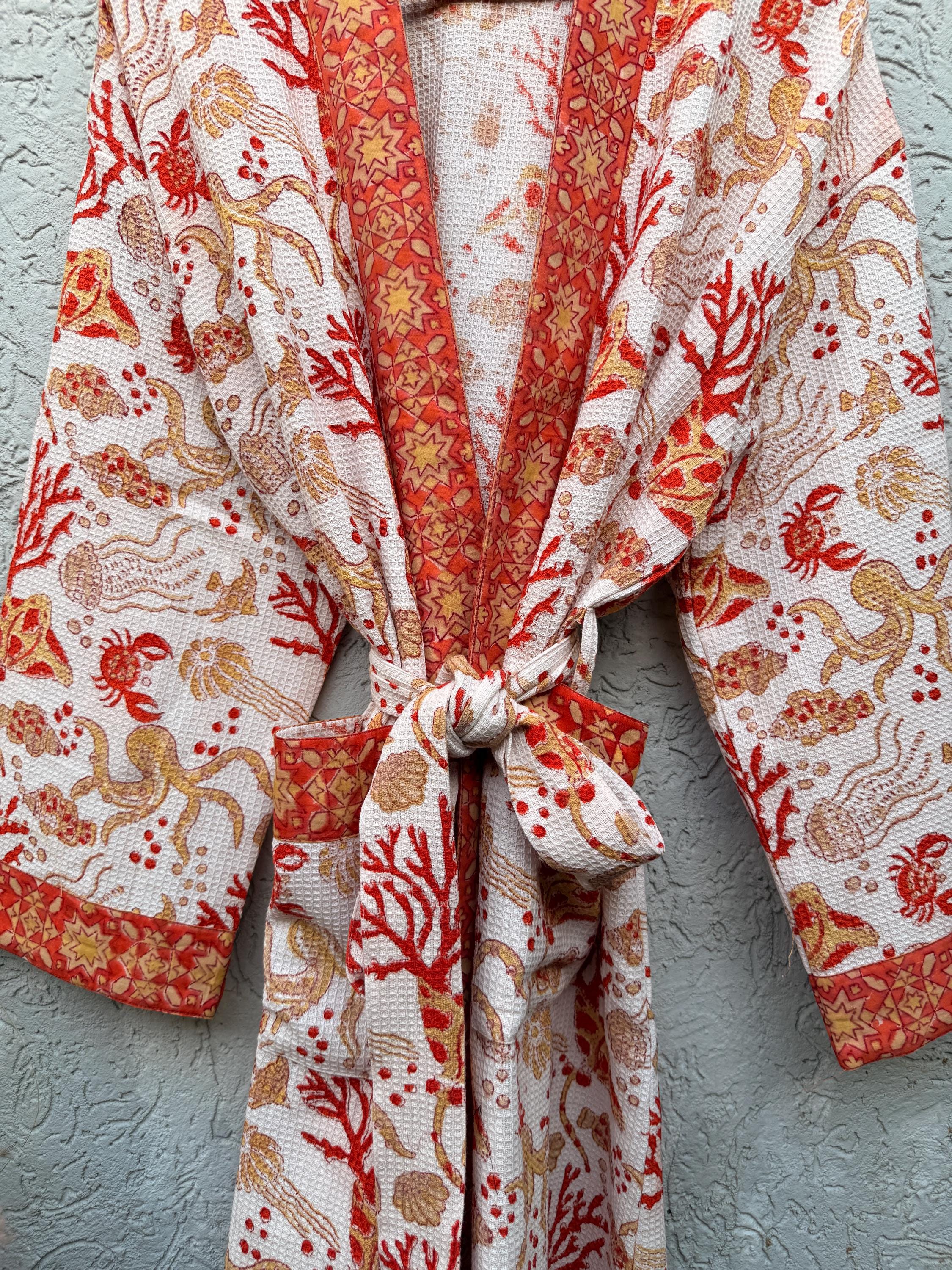 Coral Sea Block Print Cotton waffle Bathrobe | Handmade Kimono Robe | Lightweight Waffle Cotton Robe | Beach Spa Robe | Coastal Gift for Her