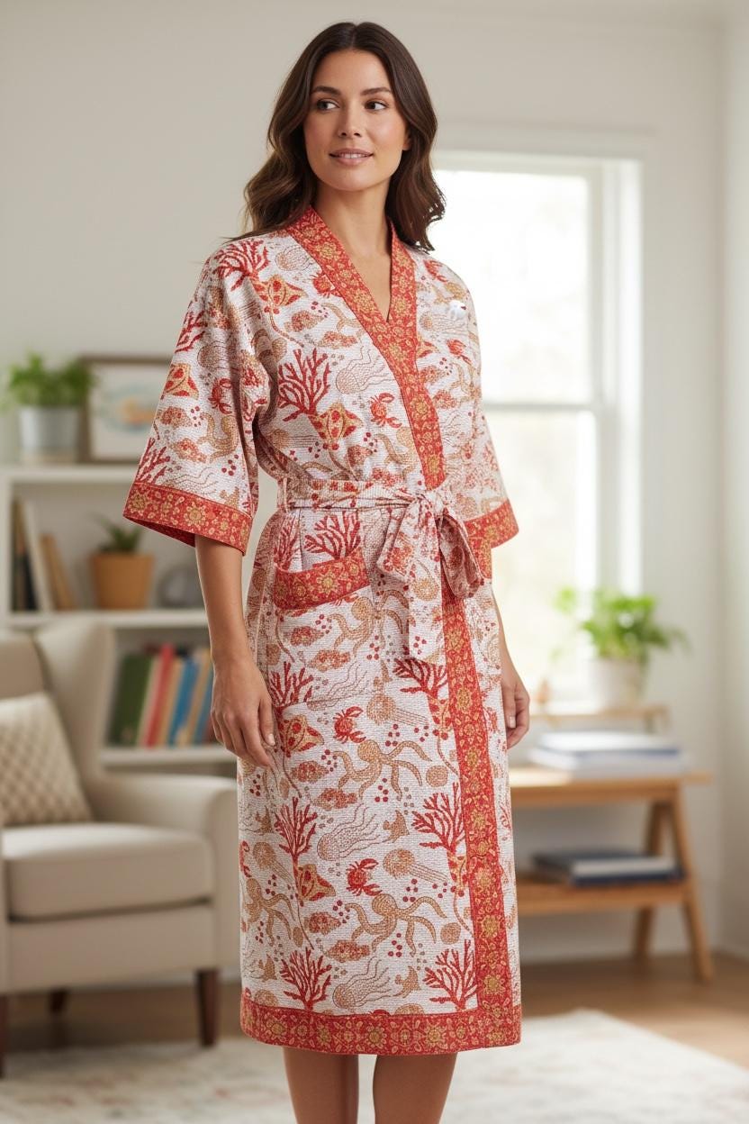 Coral Sea Block Print Cotton waffle Bathrobe | Handmade Kimono Robe | Lightweight Waffle Cotton Robe | Beach Spa Robe | Coastal Gift for Her
