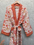 Coral Sea Block Print Cotton waffle Bathrobe | Handmade Kimono Robe | Lightweight Waffle Cotton Robe | Beach Spa Robe | Coastal Gift for Her
