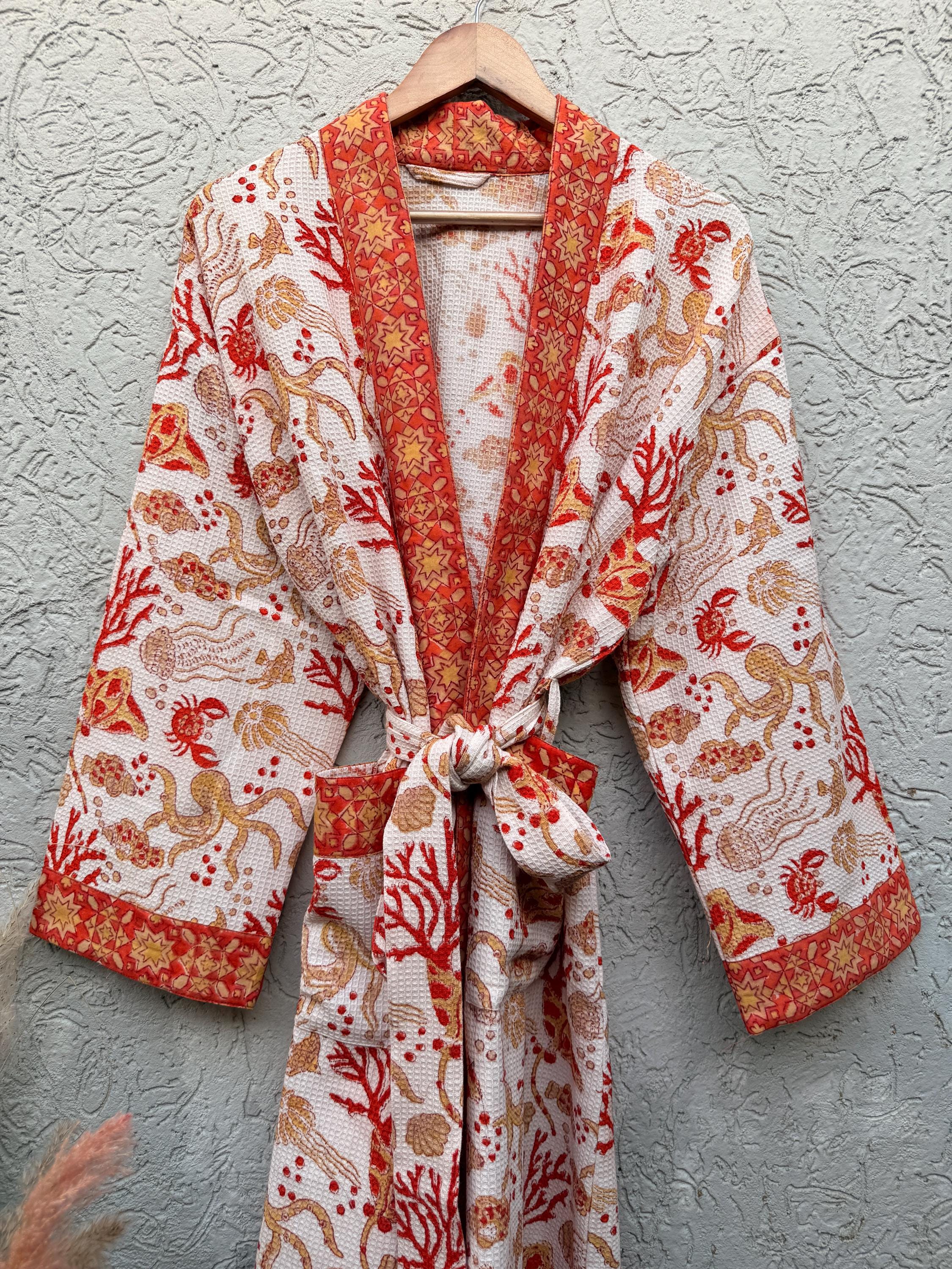 Coral Sea Block Print Cotton waffle Bathrobe | Handmade Kimono Robe | Lightweight Waffle Cotton Robe | Beach Spa Robe | Coastal Gift for Her