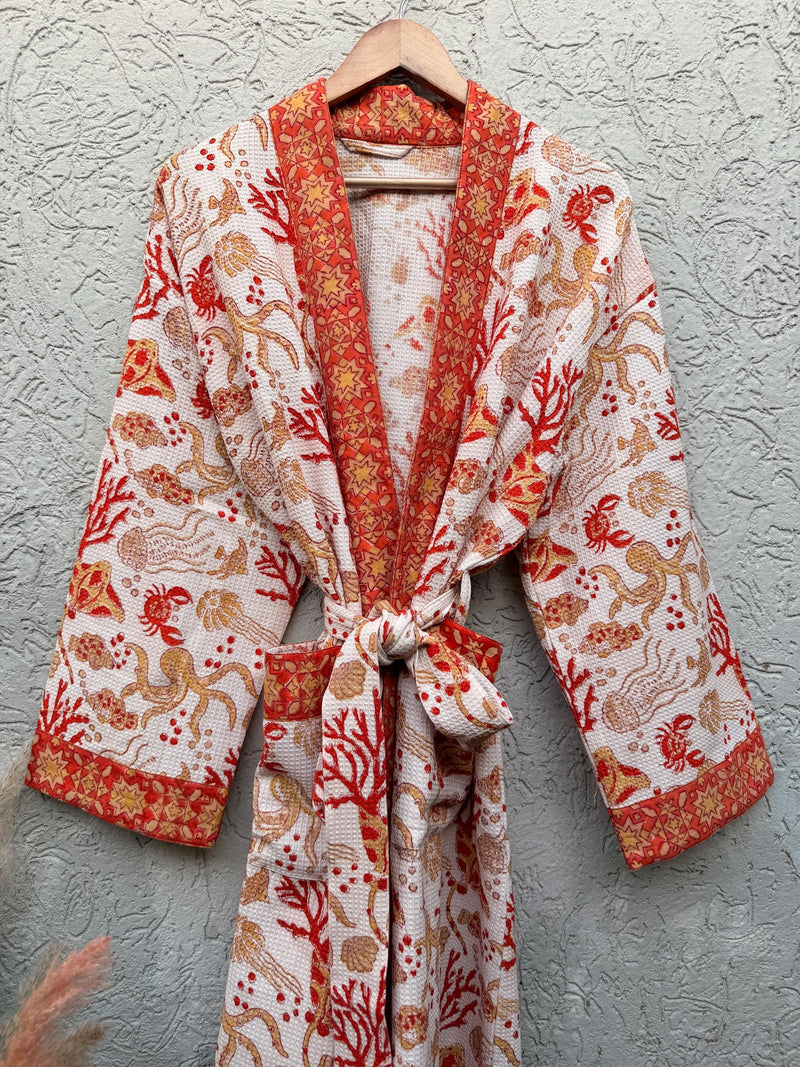 Coral Sea Block Print Cotton waffle Bathrobe | Handmade Kimono Robe | Lightweight Waffle Cotton Robe | Beach Spa Robe | Coastal Gift for Her