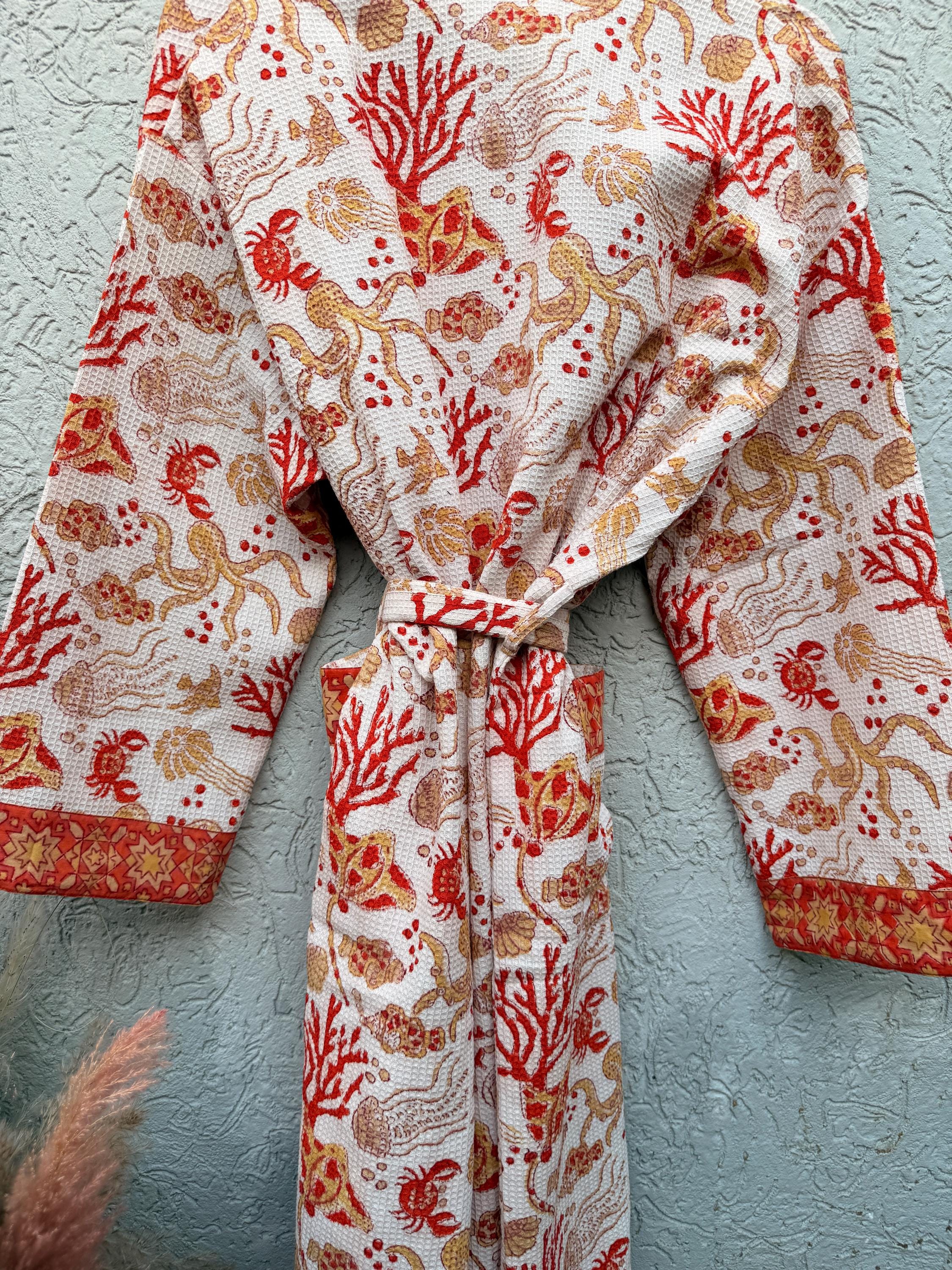 Coral Sea Block Print Cotton waffle Bathrobe | Handmade Kimono Robe | Lightweight Waffle Cotton Robe | Beach Spa Robe | Coastal Gift for Her
