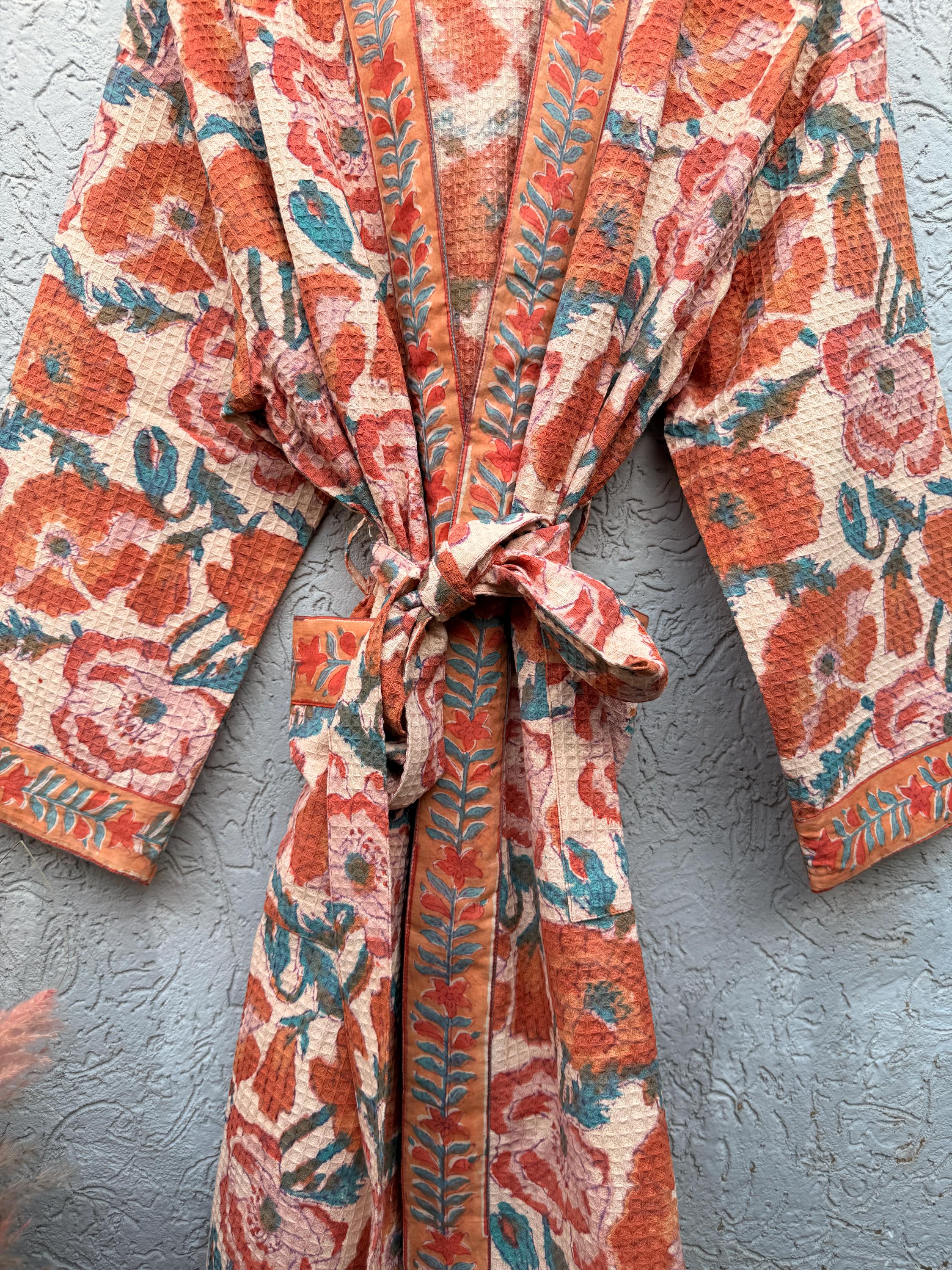 Terracotta Floral Block Print Cotton Bathrobe | Handmade Waffle Kimono Robe | Lightweight Summer Robe | Boho Lounge Wear | Gift for Her