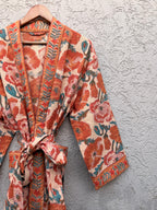 Terracotta Floral Block Print Cotton Bathrobe | Handmade Waffle Kimono Robe | Lightweight Summer Robe | Boho Lounge Wear | Gift for Her