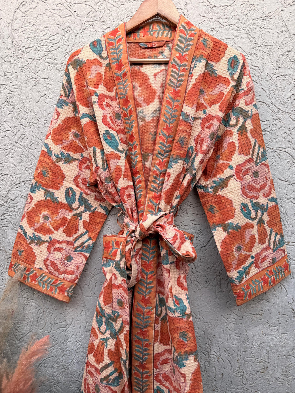 Terracotta Floral Block Print Cotton Bathrobe | Handmade Waffle Kimono Robe | Lightweight Summer Robe | Boho Lounge Wear | Gift for Her