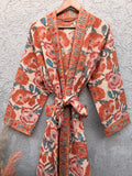 Terracotta Floral Block Print Cotton Bathrobe | Handmade Waffle Kimono Robe | Lightweight Summer Robe | Boho Lounge Wear | Gift for Her
