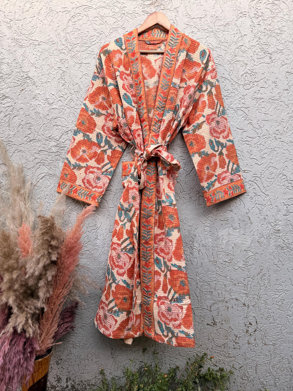 Terracotta Floral Block Print Cotton Bathrobe | Handmade Waffle Kimono Robe | Lightweight Summer Robe | Boho Lounge Wear | Gift for Her