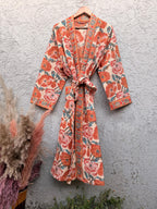 Terracotta Floral Block Print Cotton Bathrobe | Handmade Waffle Kimono Robe | Lightweight Summer Robe | Boho Lounge Wear | Gift for Her