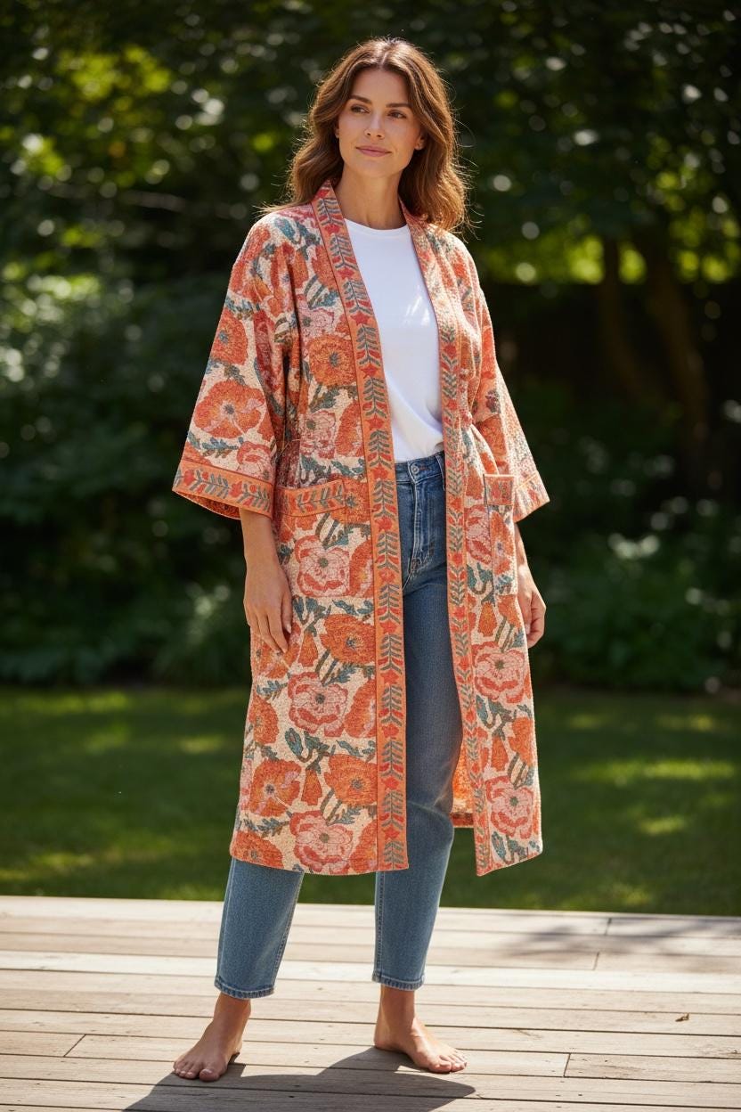 Terracotta Floral Block Print Cotton Bathrobe | Handmade Waffle Kimono Robe | Lightweight Summer Robe | Boho Lounge Wear | Gift for Her