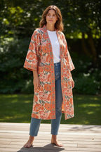 Terracotta Floral Block Print Cotton Bathrobe | Handmade Waffle Kimono Robe | Lightweight Summer Robe | Boho Lounge Wear | Gift for Her