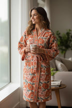 Terracotta Floral Block Print Cotton Bathrobe | Handmade Waffle Kimono Robe | Lightweight Summer Robe | Boho Lounge Wear | Gift for Her
