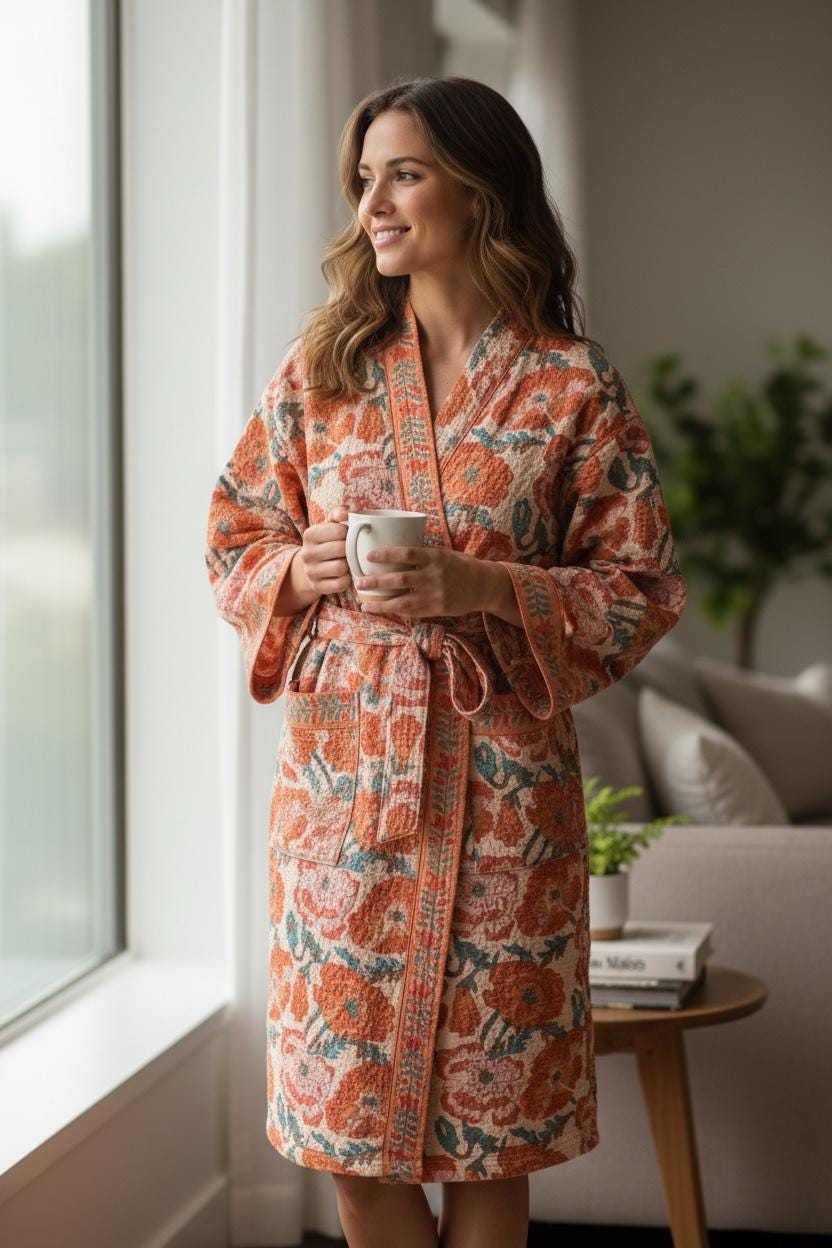 Terracotta Floral Block Print Cotton Bathrobe | Handmade Waffle Kimono Robe | Lightweight Summer Robe | Boho Lounge Wear | Gift for Her