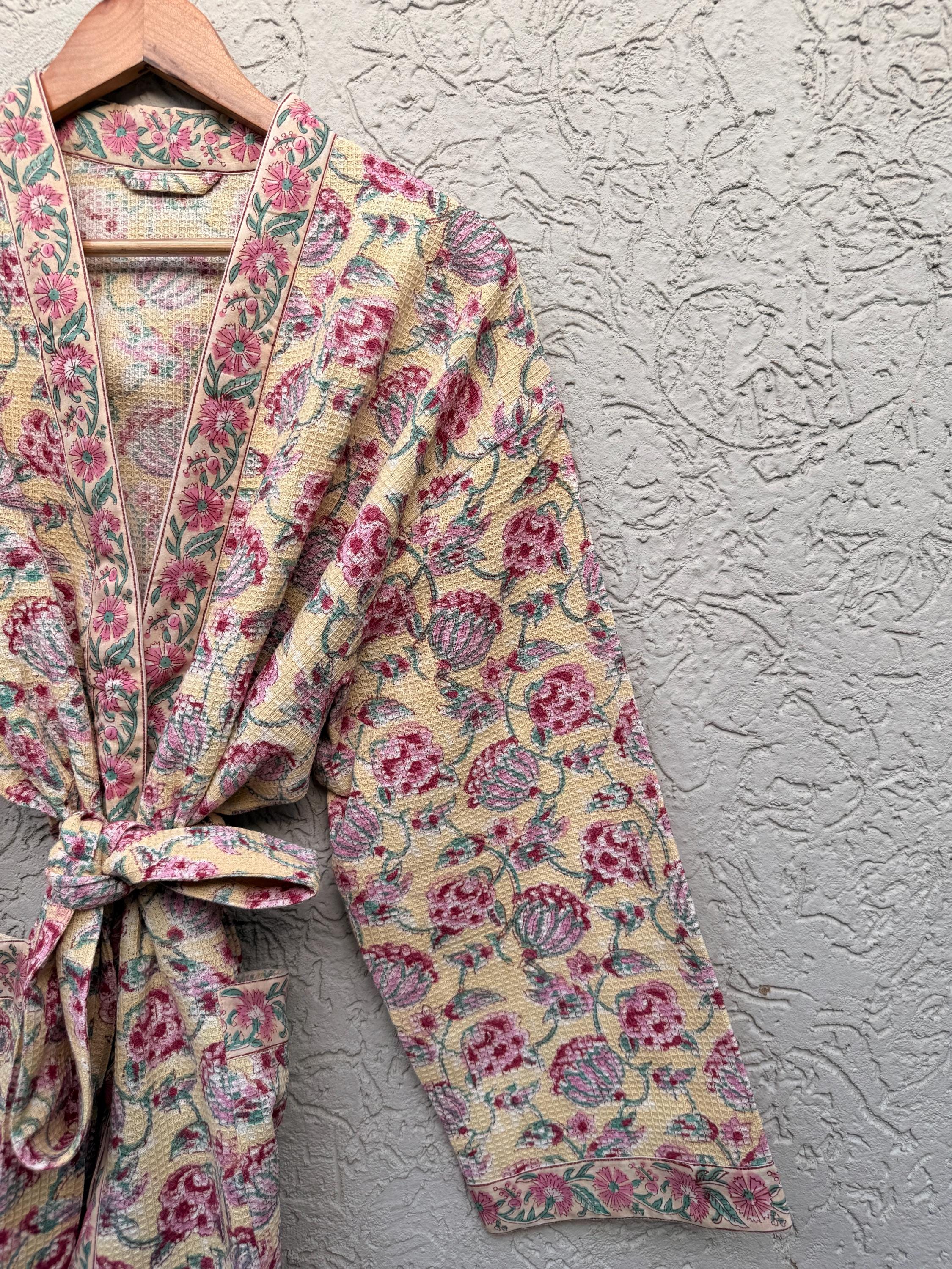 Hand Block Print Waffle Bathrobe for Women | Floral Cotton Kimono Robe | Lightweight Spa Robe | Soft Summer Loungewear | Bridal Gift Robe