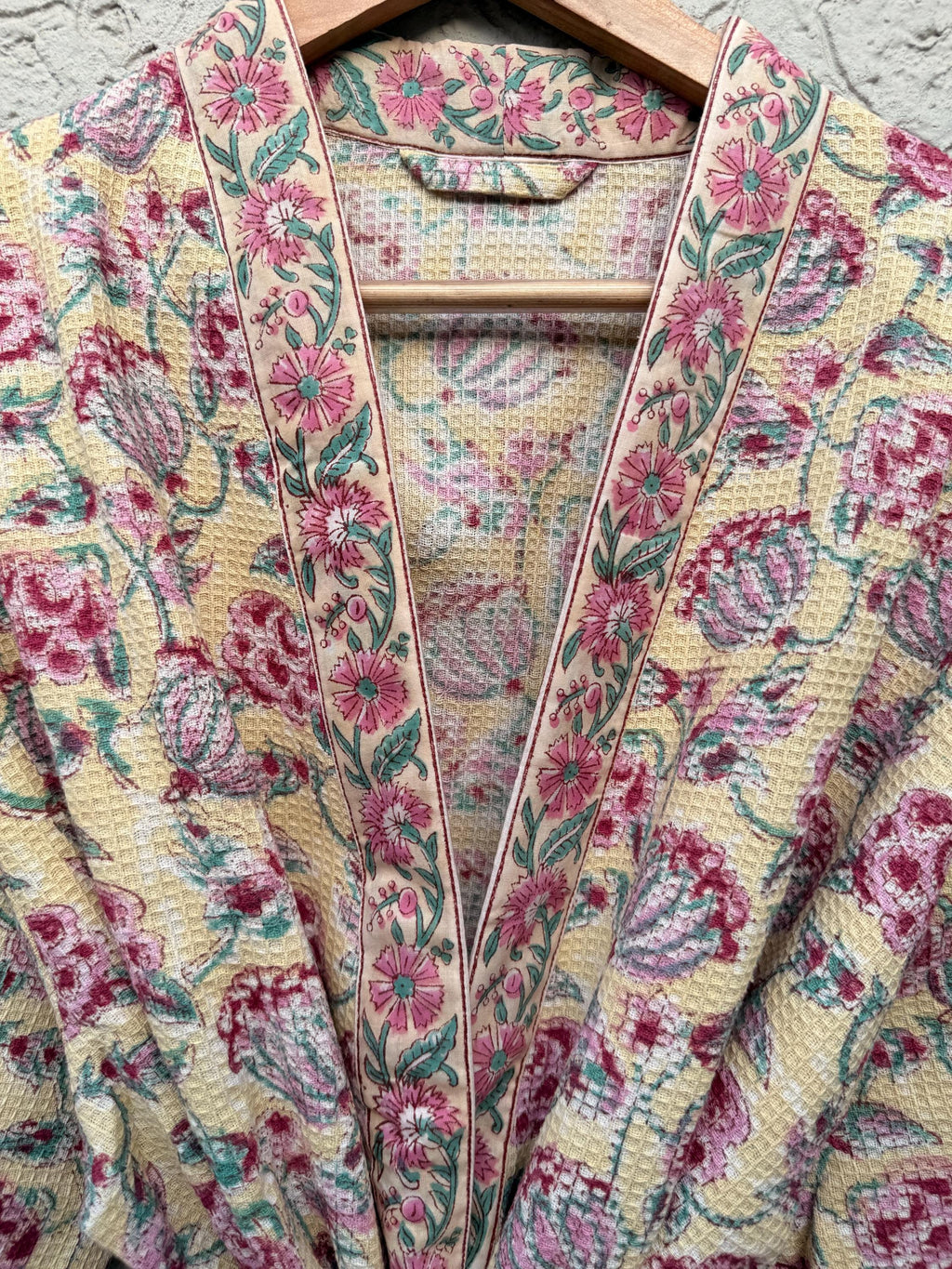 Hand Block Print Waffle Bathrobe for Women | Floral Cotton Kimono Robe | Lightweight Spa Robe | Soft Summer Loungewear | Bridal Gift Robe