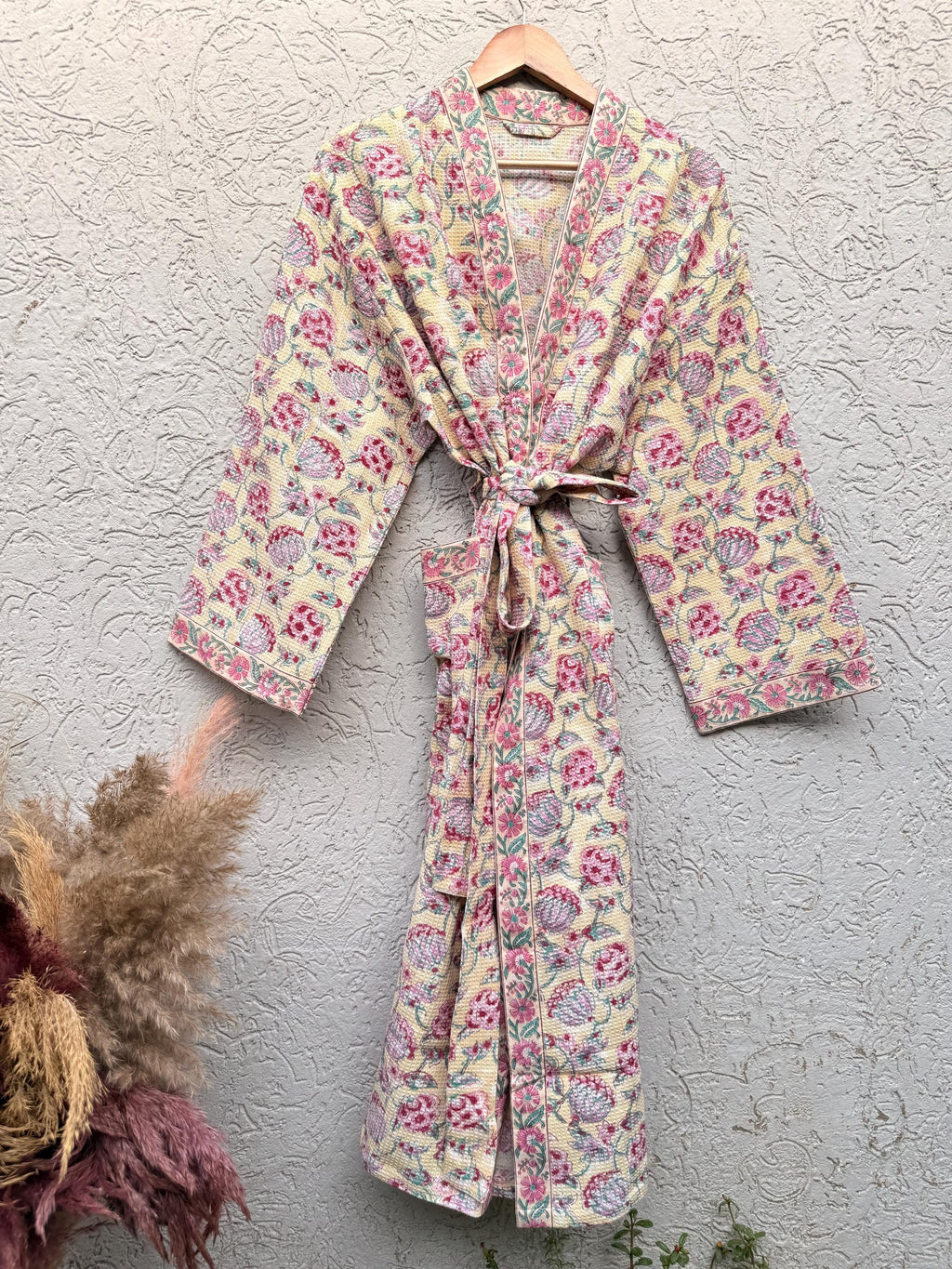 Hand Block Print Waffle Bathrobe for Women | Floral Cotton Kimono Robe | Lightweight Spa Robe | Soft Summer Loungewear | Bridal Gift Robe