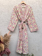 Hand Block Print Waffle Bathrobe for Women | Floral Cotton Kimono Robe | Lightweight Spa Robe | Soft Summer Loungewear | Bridal Gift Robe